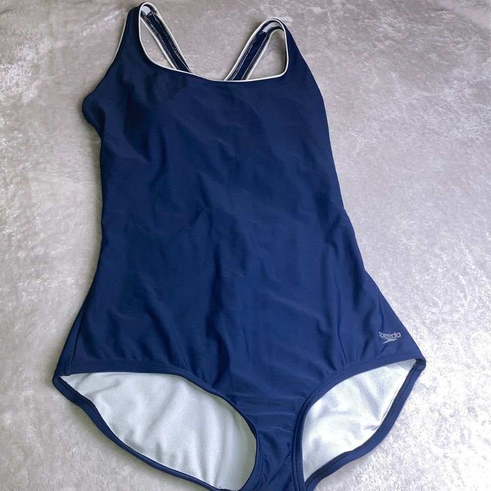 SPEEDO L Blue/White Racerback Workout Bathing Suit